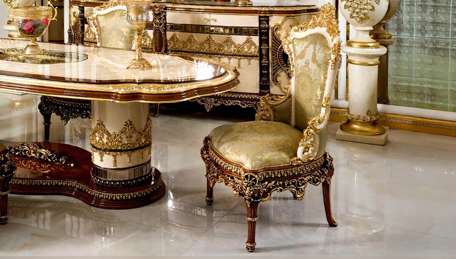 Royal Craft Furniture Luxury Dining Table Set Handcrafted, Gilded Gold Leaf Detailing, Rococo-Inspired, Upholstered Chairs Premium European Design - Image 3