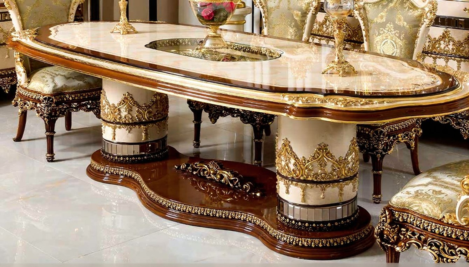 Royal Craft Furniture Luxury Dining Table Set Handcrafted, Gilded Gold Leaf Detailing, Rococo-Inspired, Upholstered Chairs Premium European Design - Image 4