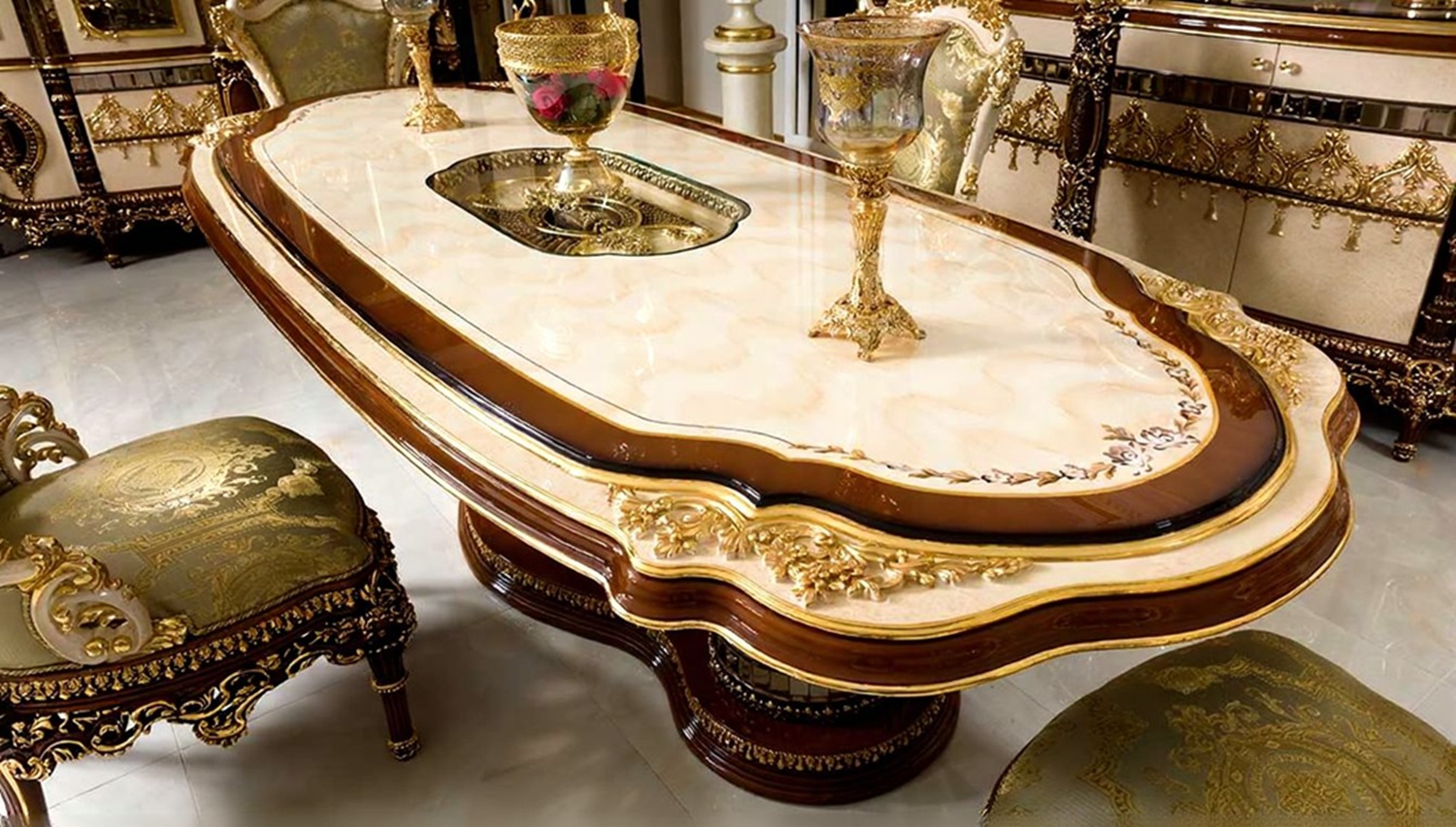 Royal Craft Furniture Luxury Dining Table Set Handcrafted, Gilded Gold Leaf Detailing, Rococo-Inspired, Upholstered Chairs Premium European Design - Image 5