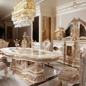 Royal Craft Furniture Luxury Cream And Gold Carved Dining Set – Handcrafted 6-Seater Table with Intricate Baroque Detailing and Plush Upholstered Chairs