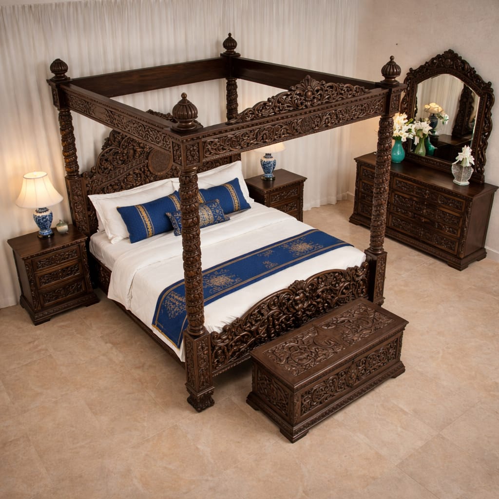 Royal Craft Furniture Royal Maharaja Hand-Carved Luxury Poster Bed with Intricate Wooden Detailing - Image 5