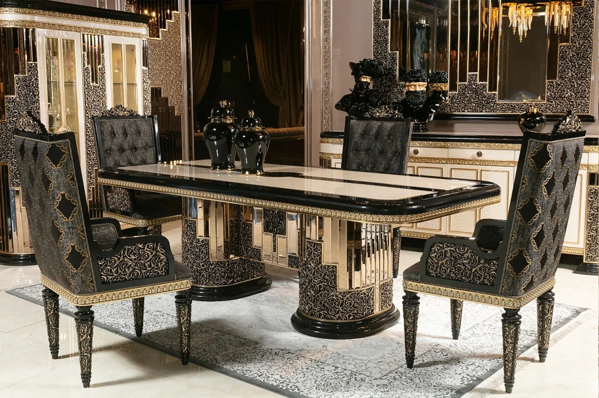 Royal Craft Furniture Royal Collection Black And Gold Dining Set – Lavishly Carved 6-Seater Table with Gold Inlays, Mirror Finish, and Designer Tufted Chairs