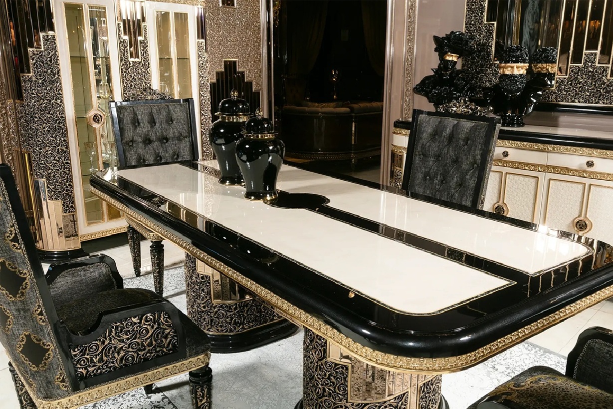 Royal Craft Furniture Royal Collection Black And Gold Dining Set – Lavishly Carved 6-Seater Table with Gold Inlays, Mirror Finish, and Designer Tufted Chairs - Image 3