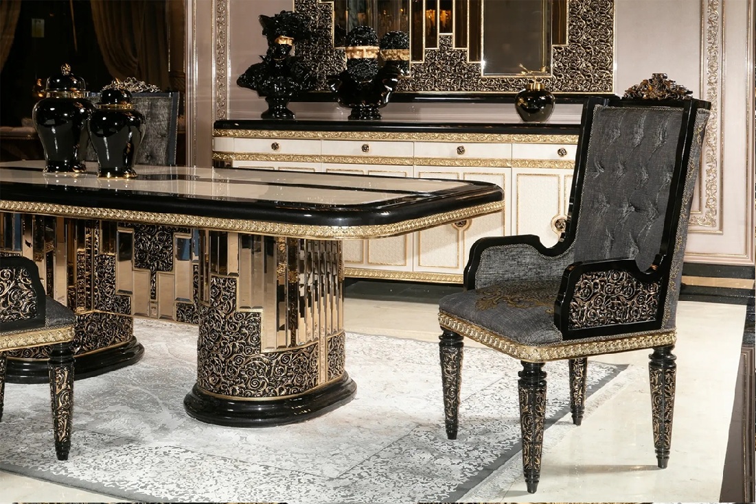 Royal Craft Furniture Royal Collection Black And Gold Dining Set – Lavishly Carved 6-Seater Table with Gold Inlays, Mirror Finish, and Designer Tufted Chairs - Image 4