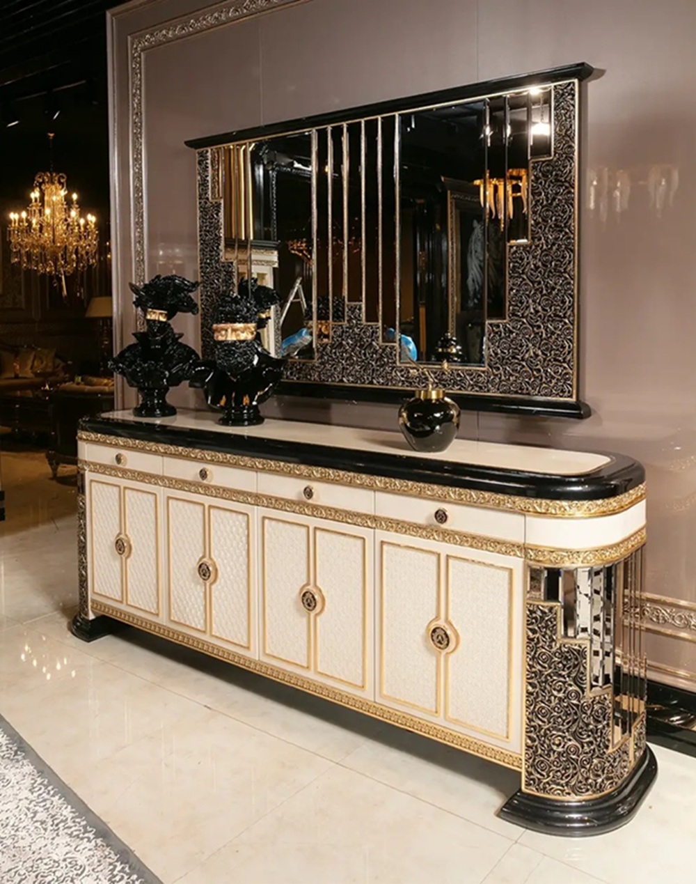 Royal Craft Furniture Royal Collection Black And Gold Dining Set – Lavishly Carved 6-Seater Table with Gold Inlays, Mirror Finish, and Designer Tufted Chairs - Image 5