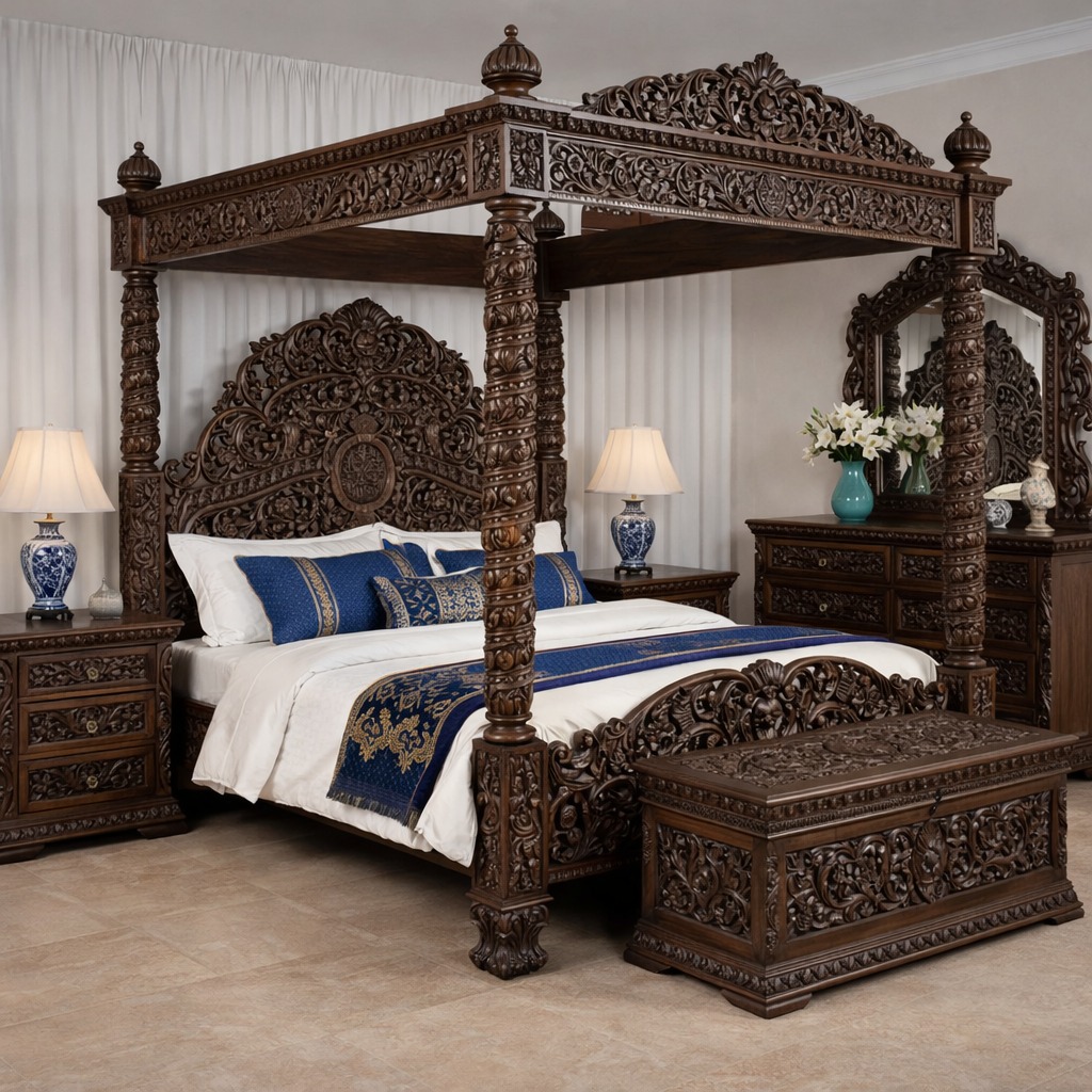 Royal Craft Furniture Royal Maharaja Hand-Carved Luxury Poster Bed with Intricate Wooden Detailing - Image 2