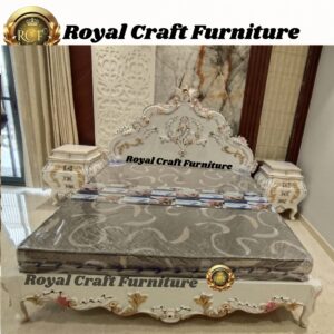 Royal Craft Furniture - Luxury Handcrafted Carved Wooden King Size Bed with 2 Side Tables | White & Gold Finish