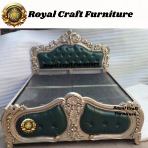 Royal Craft Furniture - Luxury Handcrafted Antique Carved Wooden King Size Bed with Storage | Gold & Green Leatherette Finish