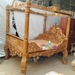 Royal Craft Furniture - Handcrafted Heavy Carved Solid Wood Four Poster Canopy King Size Bed | Natural Teak Finish