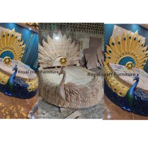 Royal Craft Furniture - Luxury Peacock Design Handcrafted Carved Wooden King Size Bed | Royal Blue & Gold Finish