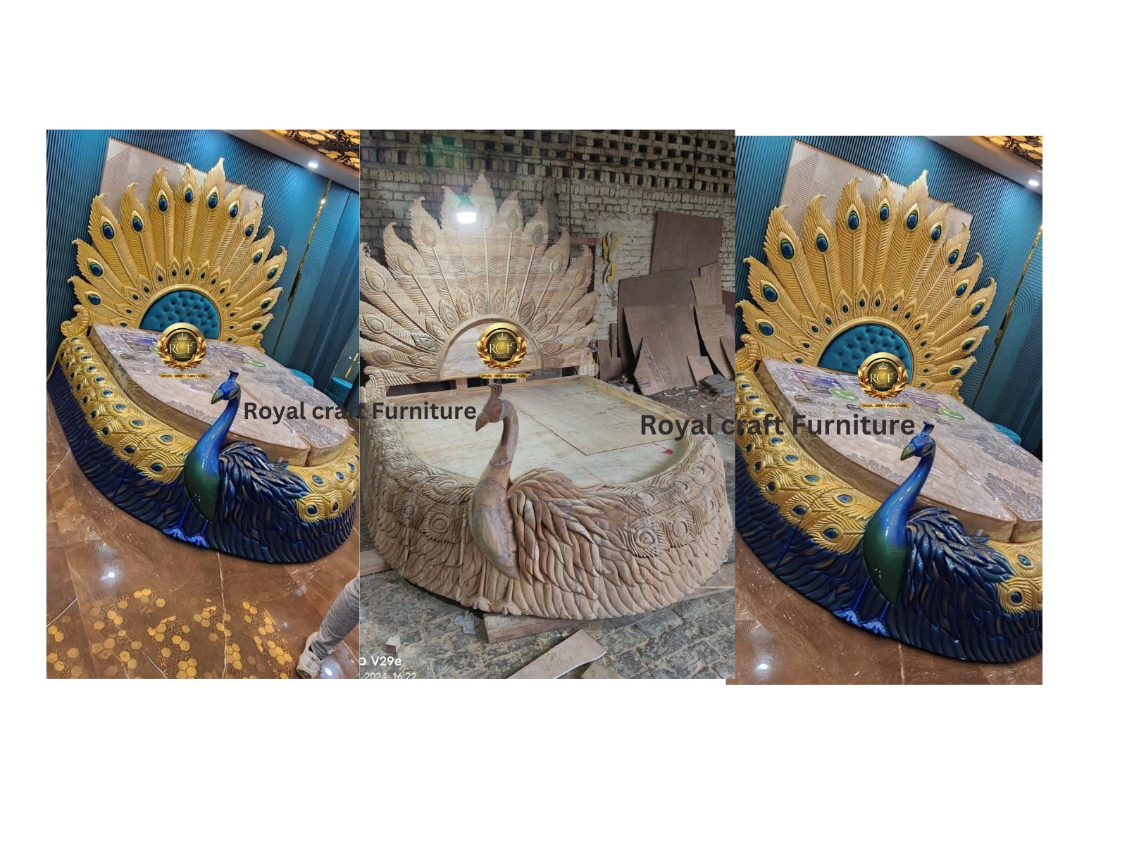 Royal Craft Furniture - Luxury Peacock Design Handcrafted Carved Wooden King Size Bed | Royal Blue & Gold Finish
