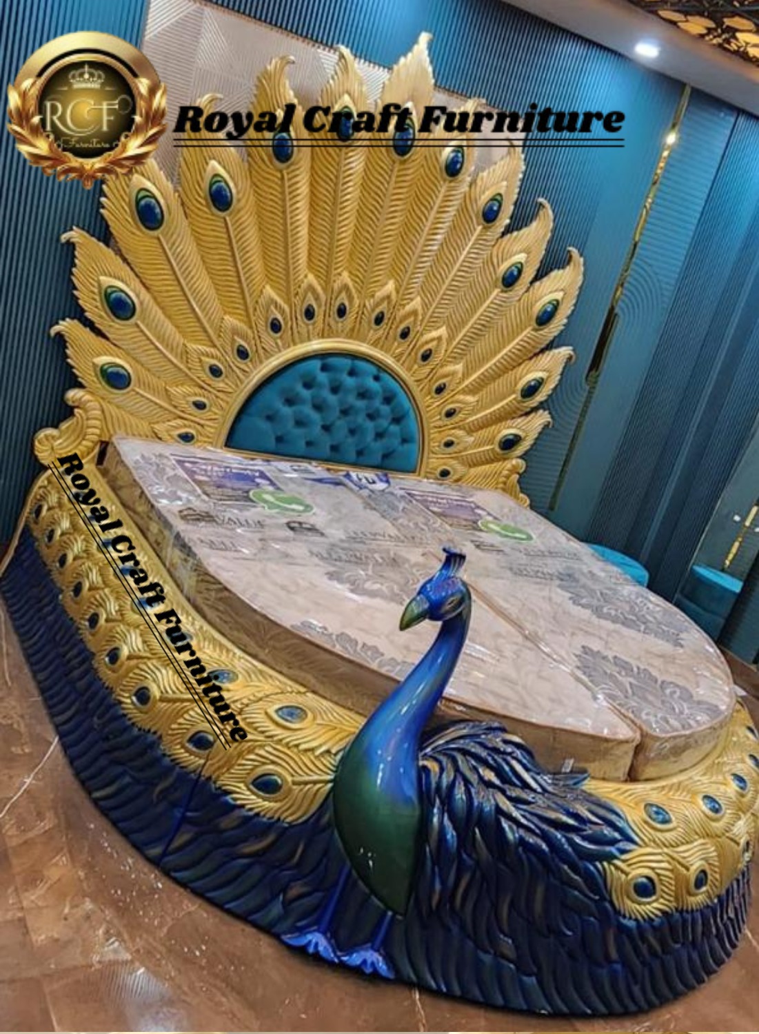 Royal Craft Furniture - Luxury Peacock Design Handcrafted Carved Wooden King Size Bed | Royal Blue & Gold Finish - Image 2